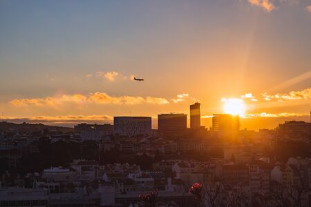 Beautiful colorful sunset over Lisbon, Portugalの写真素材