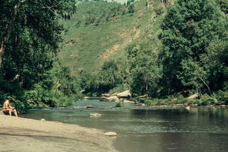 River Beach, Paiva Walkways are located on the left bank of the Paiva River, in Arouca, Portugalの写真素材
