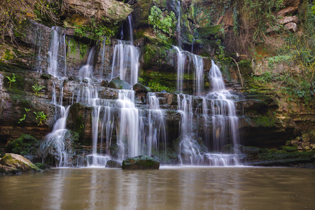 Photo of Waterfall mountain view close up. Mountain river waterfall landscape.の写真素材