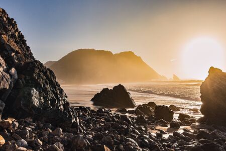 Sunset on Adraga Beach, Power of Nature, Sintra, Portugalの写真素材