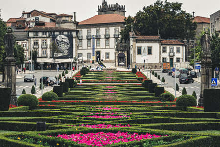 Garden of the Largo da Republica do Brasil, a garden near Nossa Senhora Da Consolacao And Dos Santos Passos Church, GuimarÃ£es, Portugalのeditorial素材
