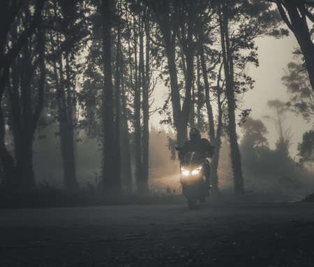 A motorcycle in the mystical fog of the Sintra forest, Portugalの写真素材