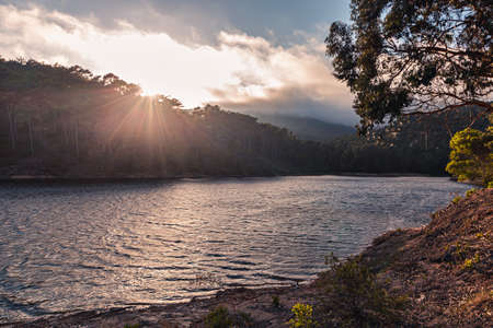 sunset over the lakeの写真素材