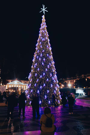 Christmas tree on Rossio square at night in Lisbon, Portugalの写真素材