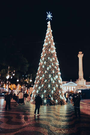 Christmas tree on Rossio square at night in Lisbon, Portugalの写真素材