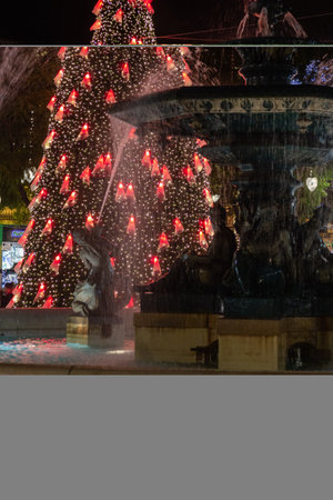 Christmas tree on Rossio square at night in Lisbon, Portugalの写真素材