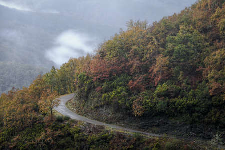 Mountain Road curves across an Autum Forest on a Foggy Day on the Courel Mountain Range Geopark