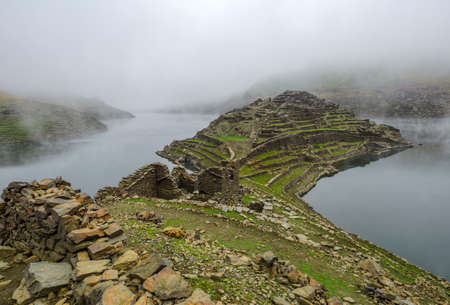 Castro Candaz, remains of a Celtic and later medieval town, among the fog in the Ribeira Sacra,...