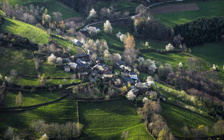 Village of farmers and ranchers in the countryside between green meadows and blooming trees