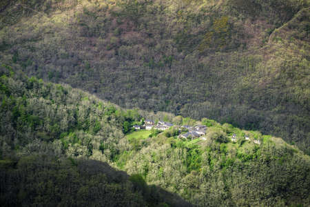 A small village surrounded by immense deciduous native forests in the Courel Mountains Geopark in...