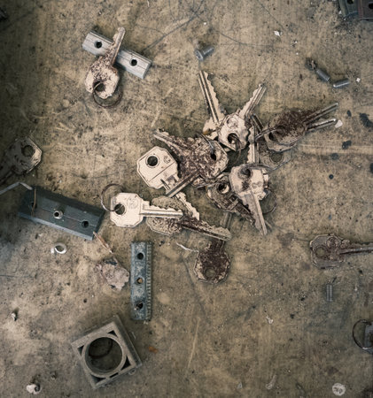Locksmith background with old keys and lock parts in an abandoned workshop in Lugo Galiciaの写真素材