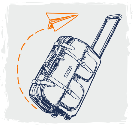 Travel concept vector illustration in sketch style design. Airplane flying above tourister luggage. Vacation background.のイラスト素材