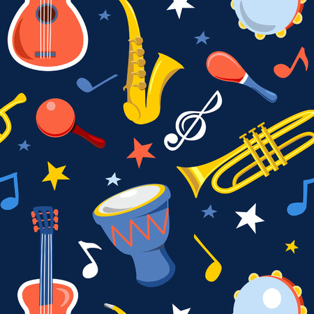 Musical instruments vector seamless pattern on a dark background. Pattern with guitar, saxophone, drum, trumpet and maracas. Vector illustrationのイラスト素材