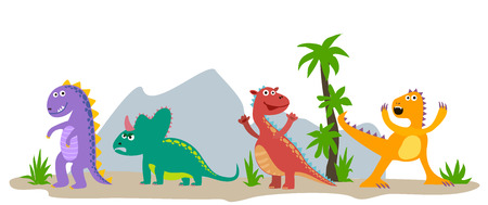 Dinosaurs. Cartoon emotional dinosaurs vector isolated on white background. Illustration of dino, jurassic predator, comic prehistoric reptile.のイラスト素材