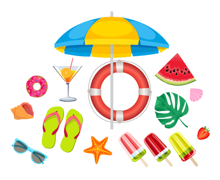 Summer beach, set of vector icons. Set of cute summer icons. Summer time in beach sea objects. Bright summertime poster.のイラスト素材