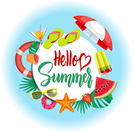Summer banner with Hello Summer lettering. Happy colorful concept for Summer Season. Vector Illustrationの写真素材