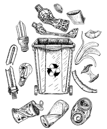 Trash set Sketch. Different types of garbage.のイラスト素材
