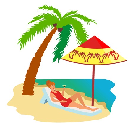 Woman in swimsuit sunbathing lying on lounger at sea or ocean beach. Beautiful girl drinking cocktail relaxing under palm tree. Summer holiday or luxury vacation. Flat vector illustration.のイラスト素材