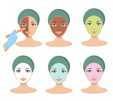 Young woman apply different facial masks. Line style vector illustrationのイラスト素材