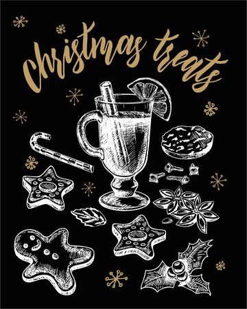 Mulled wine, gingerbread man, cake, orange. Chalk image on a black backgroundのイラスト素材