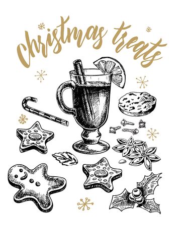 Mulled wine with glass and ingredients. Cinnamon stick, clove, lemon slice and sweetsのイラスト素材