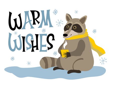 Cute raccoon cartoon character. Christmas sketch drawing.のイラスト素材