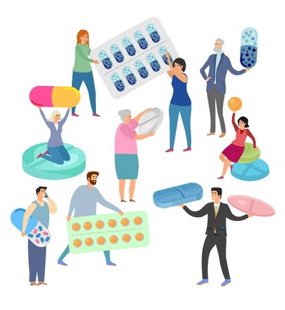 People character holding tablets and pills. Illustration of medical pill for care, treatment healthのイラスト素材