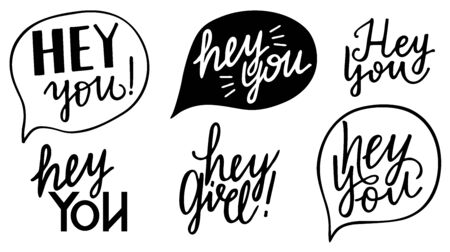 Hey you cards. Greeting lettering set. Ink illustration. Modern brush calligraphy. Isolated on white background.のイラスト素材