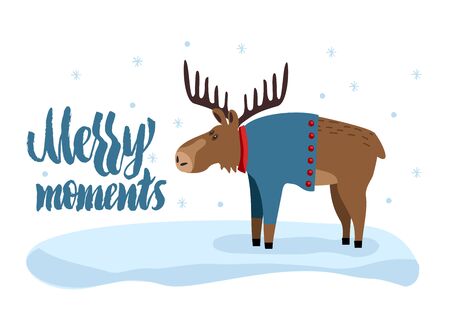 Greeting card Merry moments. Creative card with cute moose. Cute moose.のイラスト素材