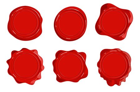 Wax stamps vector icons. Decorative candle seal postage stamp set isolated on white. Retro seal wax stamps vector set for certificate and document.のイラスト素材