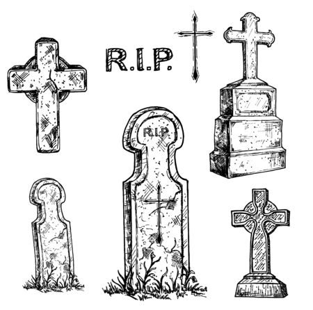 Tombstones and grave crosses set. Old marble stone tombstone with christian cross and title R.I.P.のイラスト素材