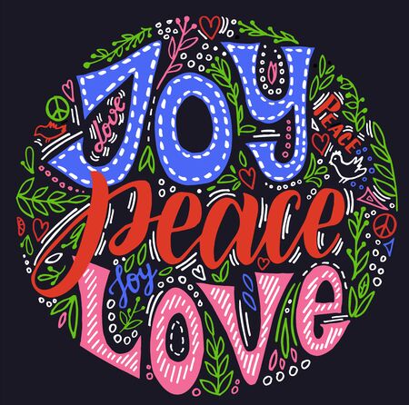 Joy peace love. Vector hand written Christmas greeting card.のイラスト素材