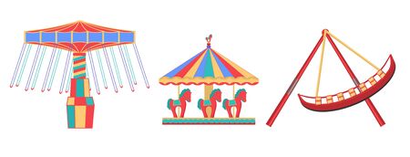 Set of vector illustrations of carousels isolated on white background. Park carousels icons.のイラスト素材