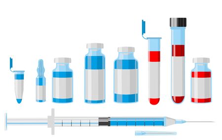Syringe needles bottles. Treatment and medicine syringe illustration, vaccine medical objects with liquid isolated, drug vials and inoculation injection shots itemsのイラスト素材