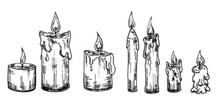 Hand drawn set of burning candles sketch style.のイラスト素材