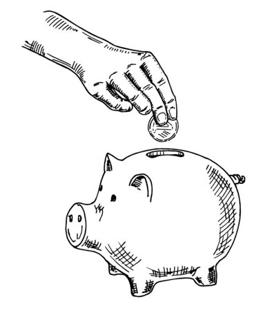 Piggy bank and hand with coin. Vector sketch illustration.のイラスト素材
