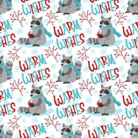 Cute raccoon in Christmas seamless pattern. Wildlife animal cartoon character vector and background. Christmas raccoon drinks tea in winter.のイラスト素材