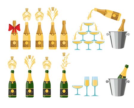 Champagnes party elements. Champagne bottle explosion nd glasses with sparkling wine isolated on white background Vector illustration.のイラスト素材
