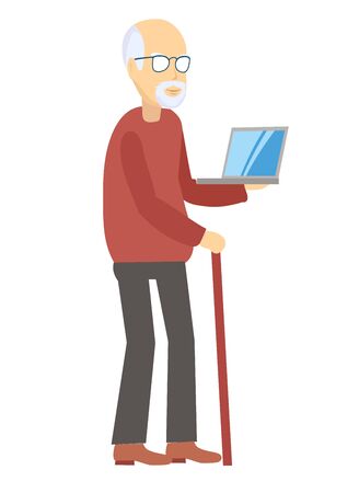 Elderly man with a laptop. Vector flat style illustration.Old man on the Internet. Business Elderly concept. Male character use laptop.のイラスト素材
