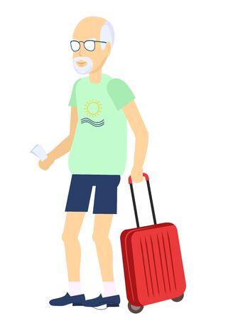 Old man travel summer vacation with suitcase. Senior, elder man with suitcase, cartoon illustration isolated on white background.のイラスト素材