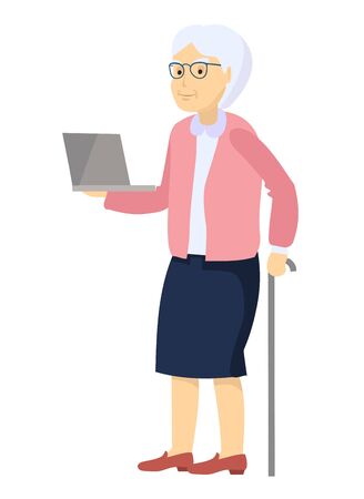 Elderly woman with a laptop. Vector illustration flat style. Grandmother on the Internet. Female character use laptop.のイラスト素材