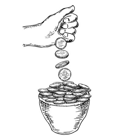 Pot full of gold coins sketch. A hand is pouring gold coins into a pot. Sketchのイラスト素材