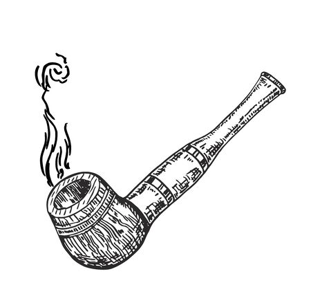Tobacco pipe hand drawing vintage clip art isolated on white background. Sketch style tobacco pipe with smoke in vectorのイラスト素材