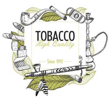 Hand drawn posters with tobacco and smoking collection. Sketch background with cigarettes, cigars, hookah, tobacco leaves, pipes.のイラスト素材