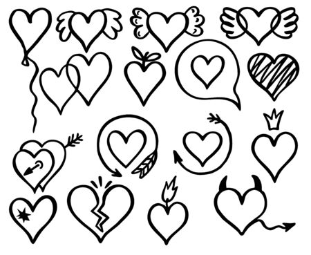 Hand drawn painted hearts set. Heart shaped linear and scribble signs, vector scribbles love symbols on white, grunge stylized lovely marriage image decorのイラスト素材