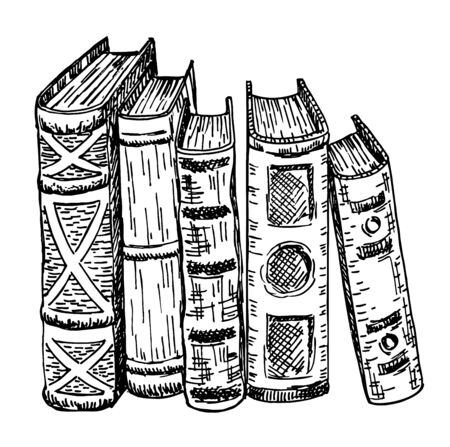 Stack of sketch textbooks isolated on white. Vintage hand drawing pile of book. Library literature education symbolsのイラスト素材