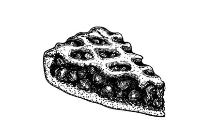 Black and white hand drawn piece of pie decorated with fresh berries, sketch style vector illustration . Homemade organic pieのイラスト素材
