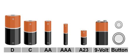 Vector battery set, different size isolated on white background. Batteries sizes or styles, different batterie electronic industrial objects, lithium chemical electrical components.のイラスト素材