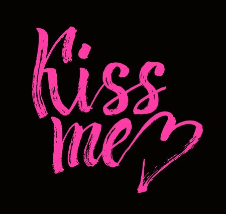 Kiss me. Brush lettering. Handwritten modern calligraphy quote, design element for flyer, banner, invitaion or greeting card. Happy Valentine s day. Pink inscription on a black backgroundのイラスト素材
