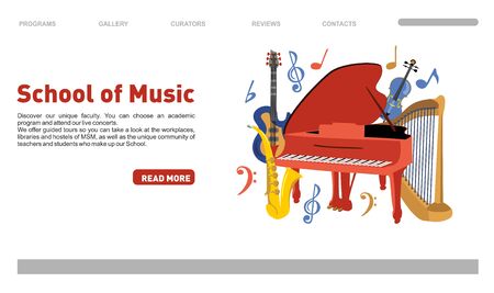 Musical school website Landing page. Vector musical education web banner template. Piano saxophone cello illustration. Saxophone and piano, violin, harp, music instrument.のイラスト素材
